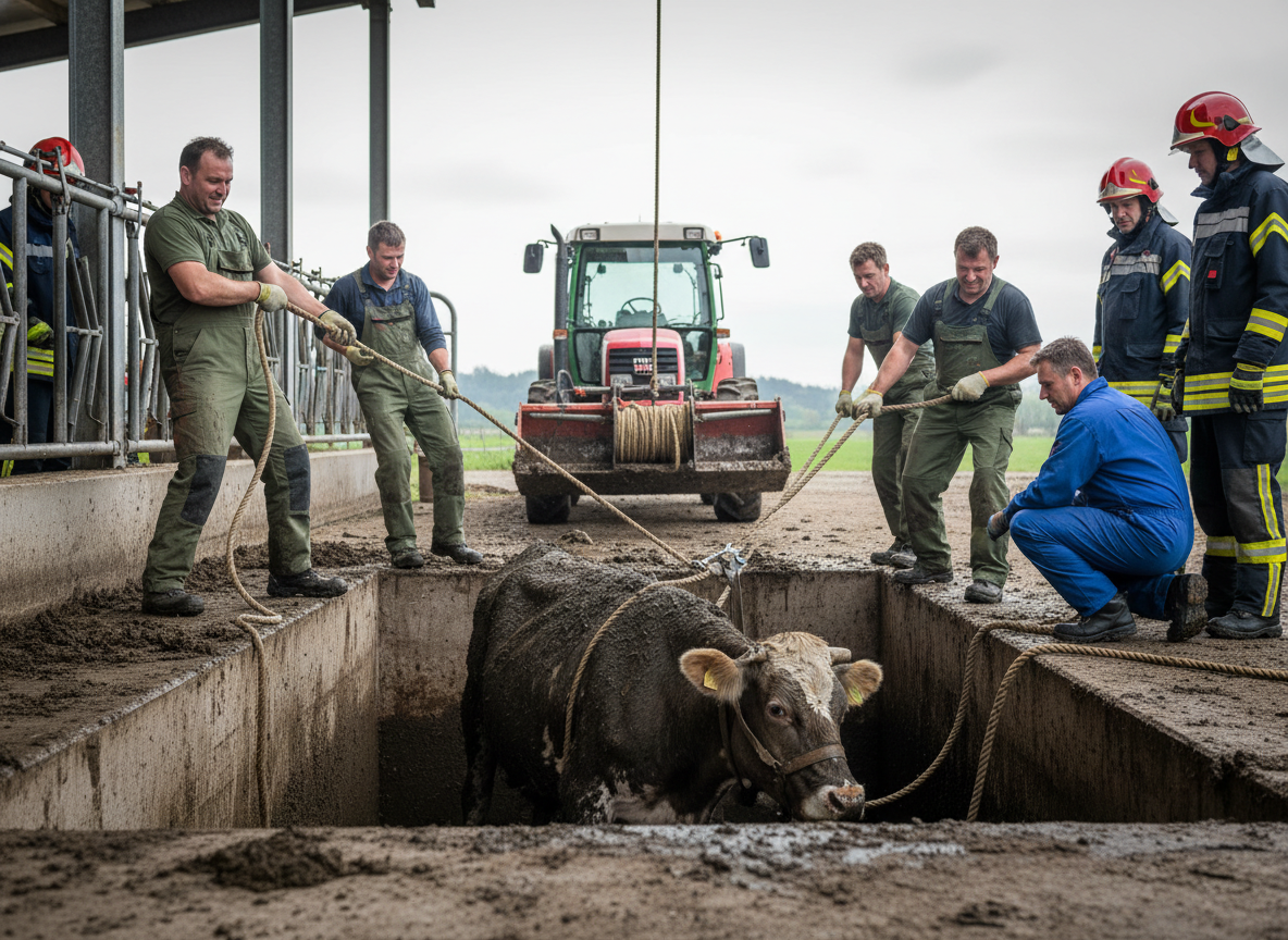 Spektakuläre Rettung: Kuh aus Jauchegrube befreit